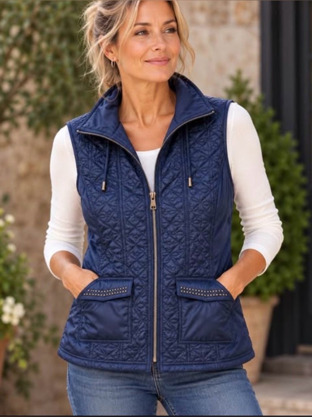 Midnight Blue Quilted Embellished Vest Medium Preppy Equestrian